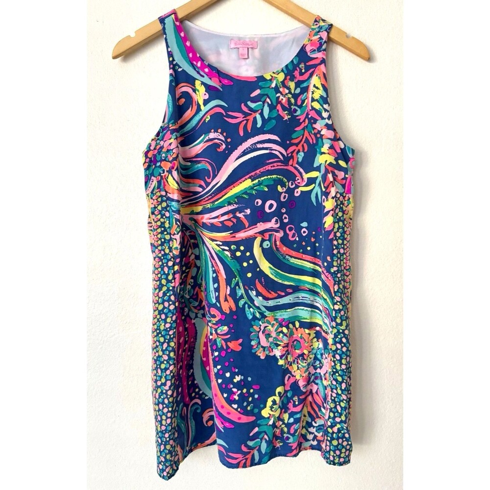 Lilly Pulitzer 100% Silk Sheath Dress Womens S Blue Multicolor Floral Abstract